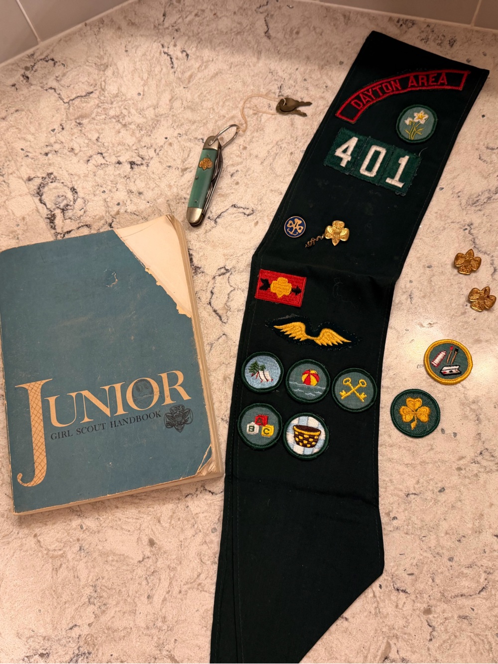 Vintage Girl Scout Sash with Green Merit Badges - Junior